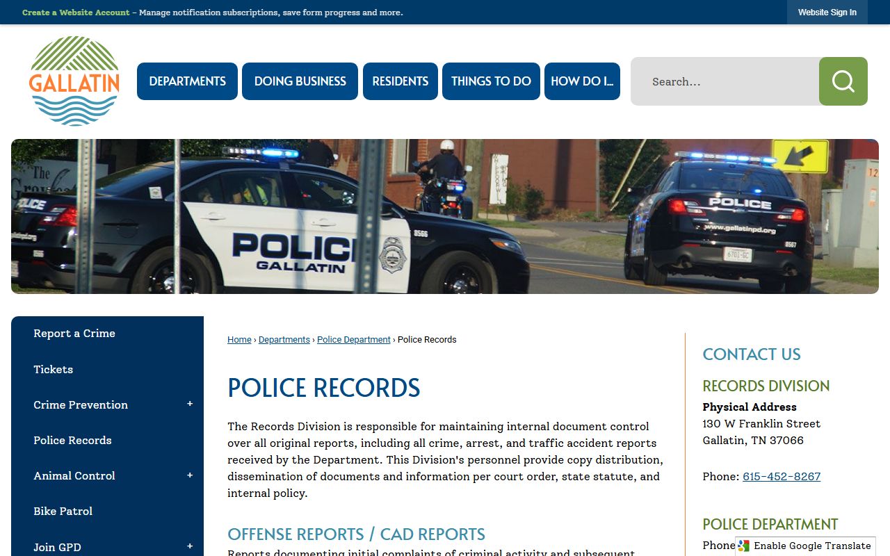 Gallatin Police Department records page for booking release requests