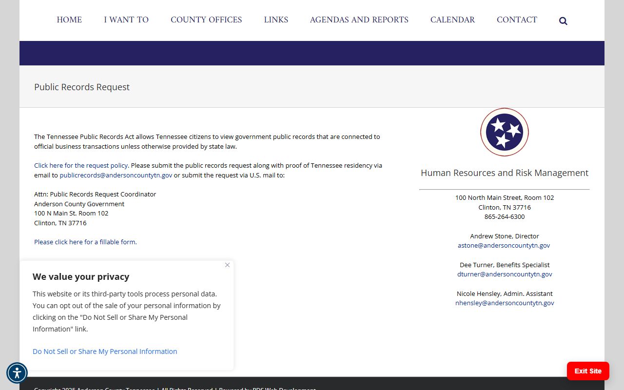 Anderson County public records request page for booking releases
