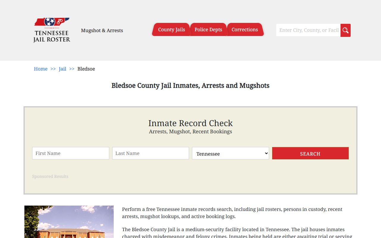 Bledsoe County jail information page for booking releases