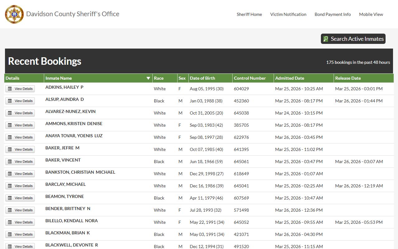 Davidson County recent bookings search page