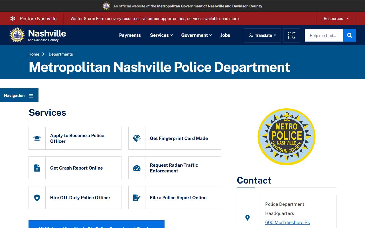 Nashville Police Department page for Davidson County booking releases