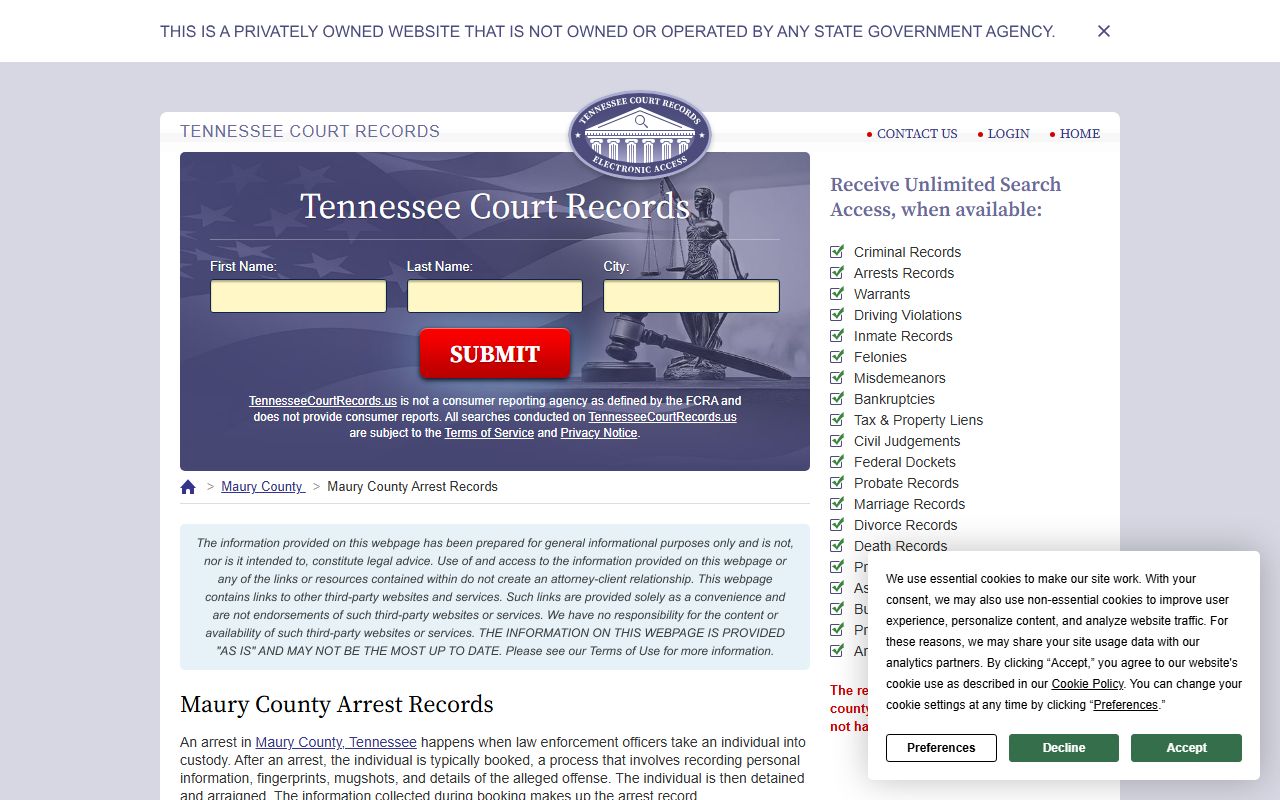 Maury County Sheriff's Office website for booking releases