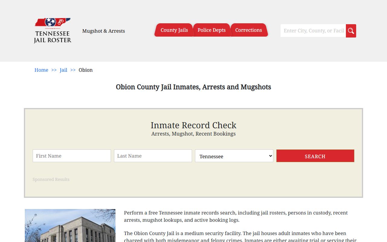 Obion County Jail booking releases information page