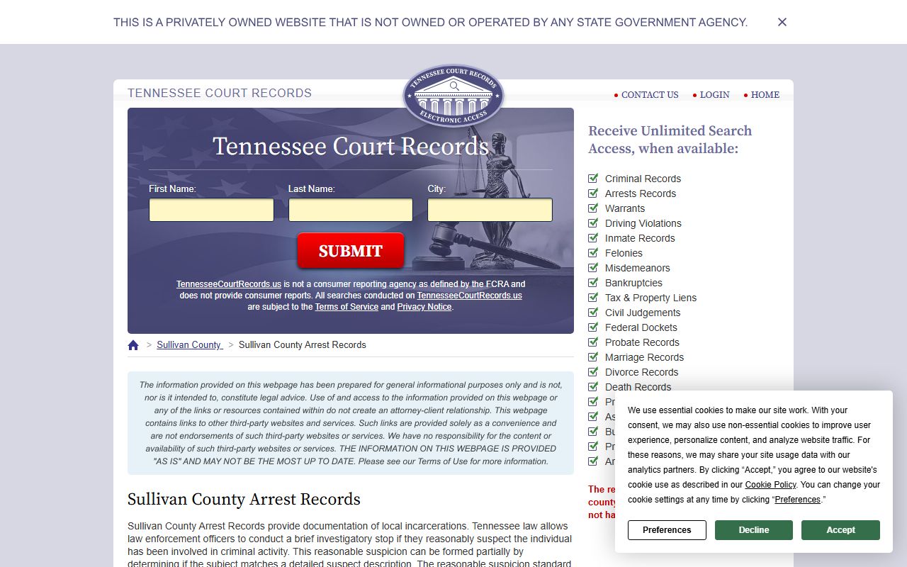 Sullivan County arrest records search for booking releases