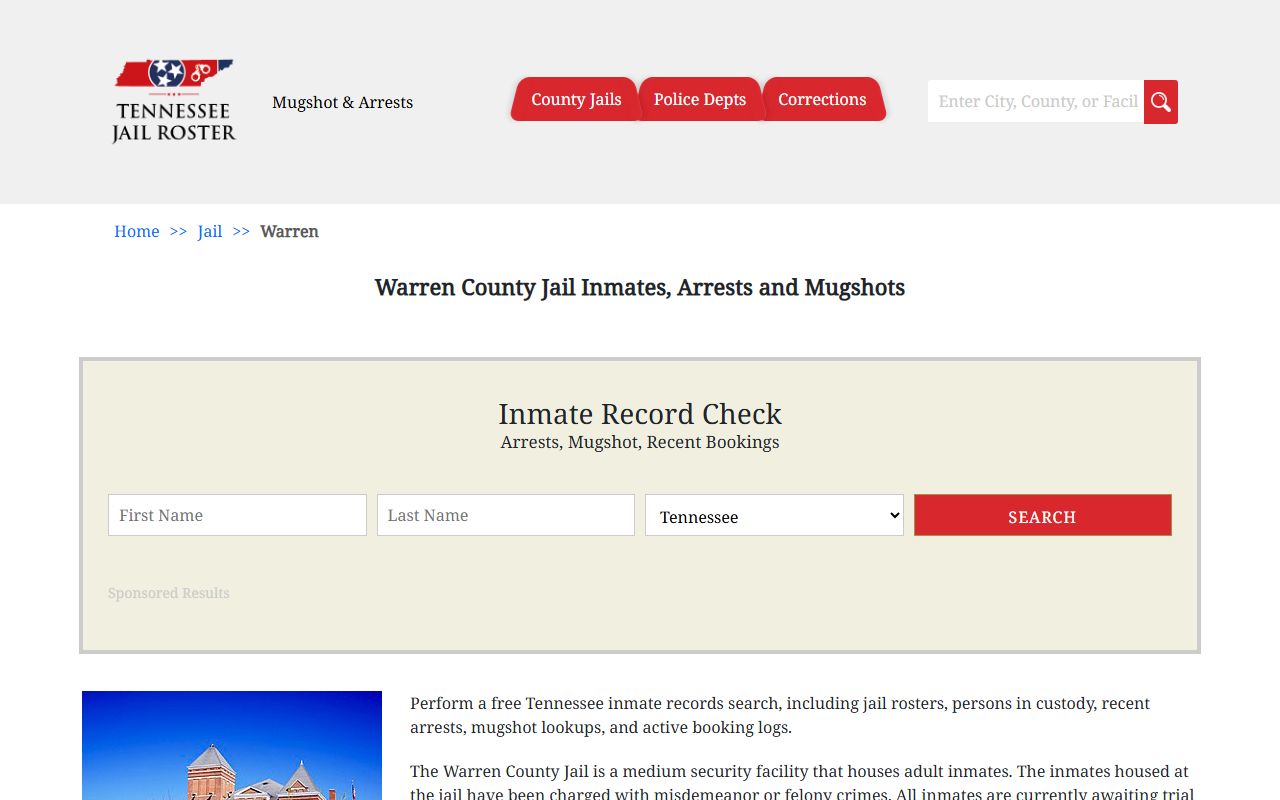 Warren County Jail information page for booking releases