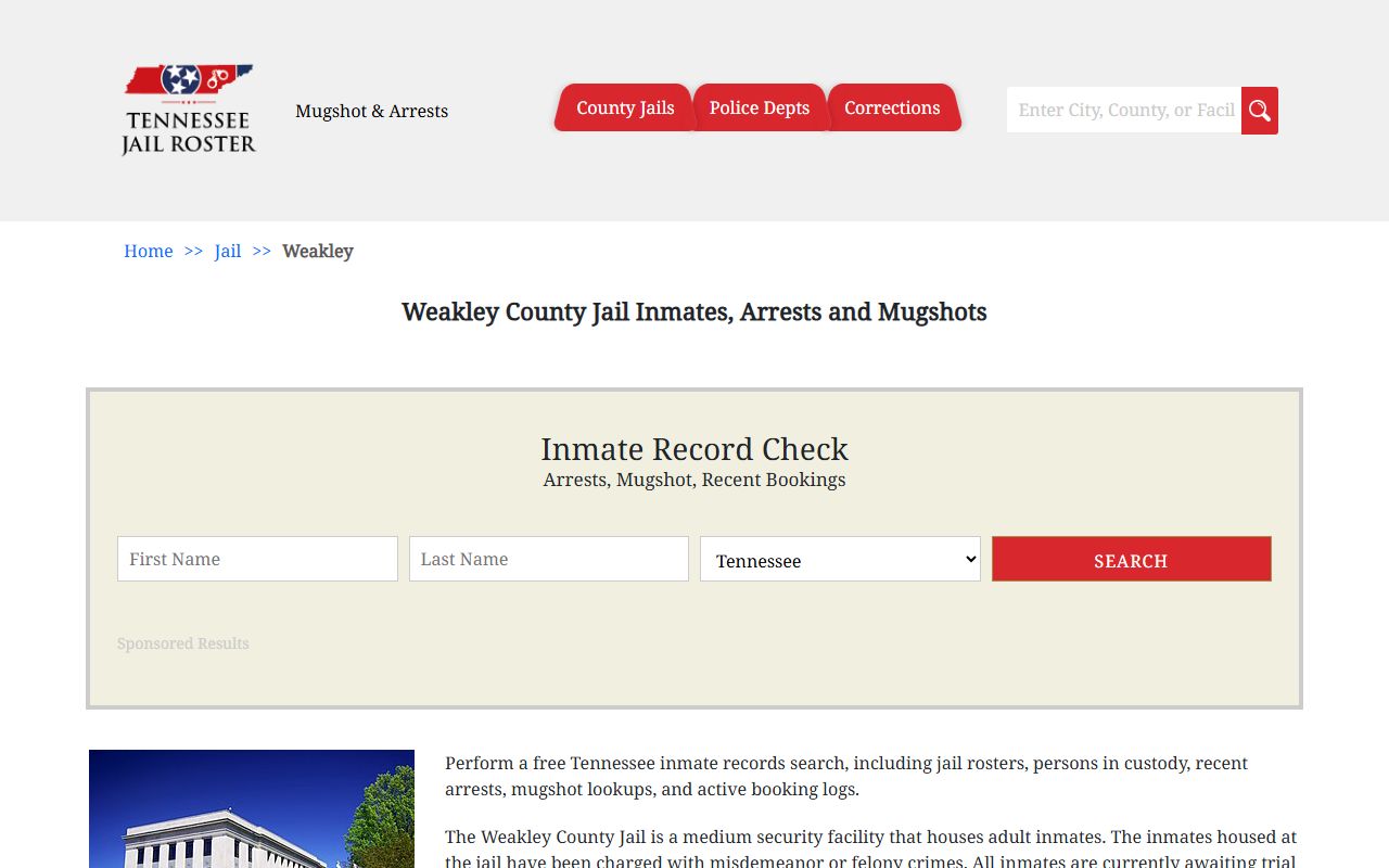 Weakley County Jail information page for booking releases