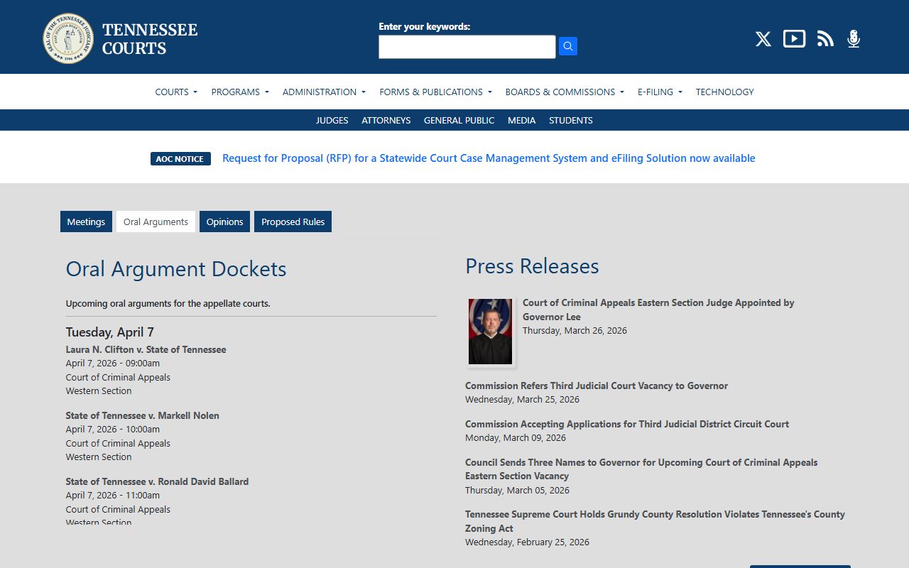 Tennessee State Courts portal for searching booking releases and criminal cases